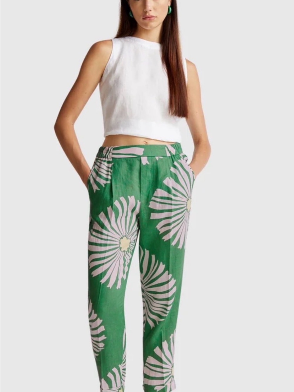United Colors Of Benetton 100% Linen Green Floral Straight-Leg Pants
